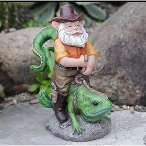 Cowboy Gnome Riding Lizard Garden Statue Outdoor Resin Figurine 8.9"x 4.8" NIB